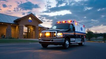 Ambulance driving down a road at dusk photo
