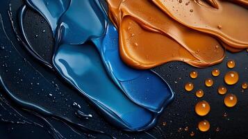A painting of blue and orange paint with a black background photo