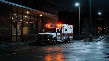 A white ambulance is parked on a street at night photo