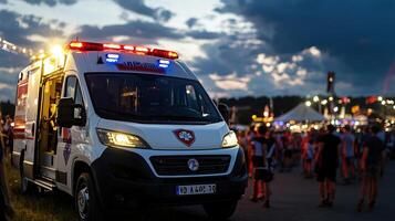 A white ambulance with red lights is parked in front of a crowd of people photo