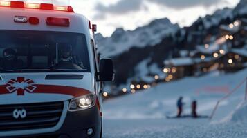 A red and white ambulance is parked on a snowy road photo