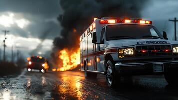 Ambulance driving down a road with a fire in the background photo