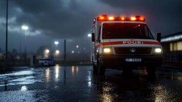 A red and white ambulance with the word Pouei on the side is parked on a wet roa photo