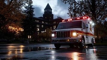 An ambulance is parked on a wet road at night photo