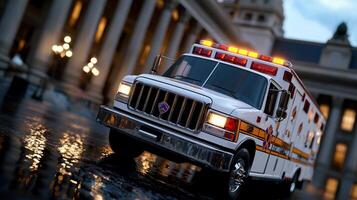 A white ambulance driving down a street at night photo