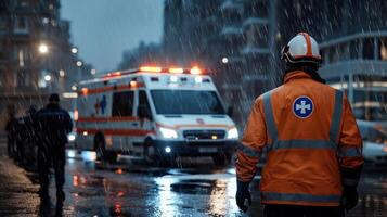 A man in an orange vest stands in the rain next to an ambulance photo