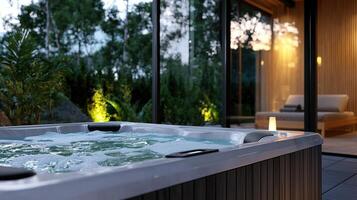 A hot tub sitting in front of a glass door photo
