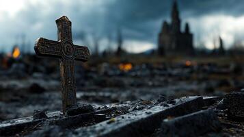 A cross sits in the middle of a graveyard photo