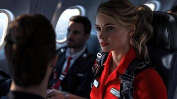 A woman in a red uniform sitting in an airplane photo