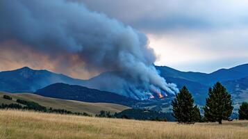 A large fire is burning in the mountains photo