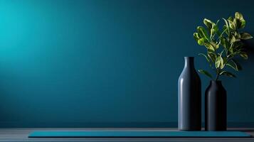 A blue wall with a plant in a vase photo