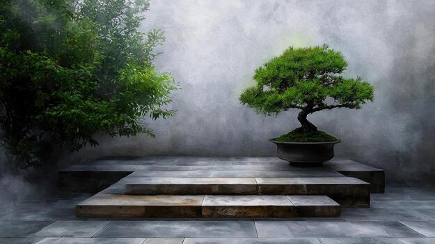 A bonsai tree in a pot on a stone floor photo