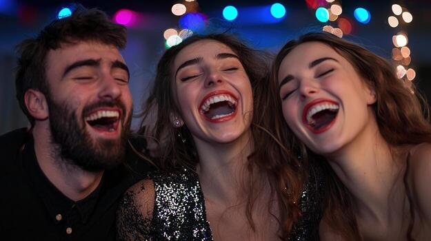 Three people laughing at a party photo