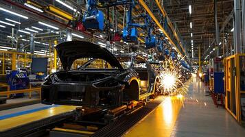 A car is being built in a factory with sparks flying from the welding process photo