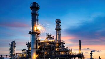 A large industrial plant with a large tower in the background photo