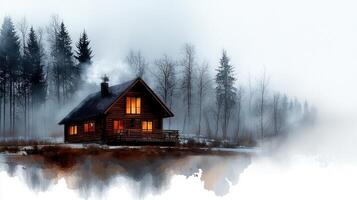 A painting of a cabin in the woods photo