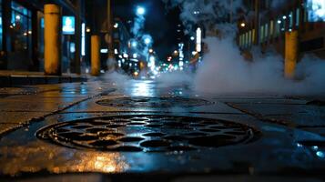A city street at night with a lot of smoke and steam coming from a drain photo