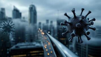 A virus is seen in the middle of a city photo