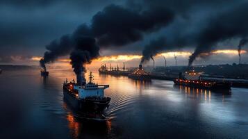A large ship is in the water with smoke coming out of it photo