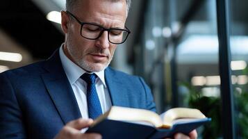 A man in a suit and glasses is reading a book photo