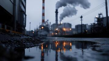 A factory with smoke coming out of it and a wet road photo