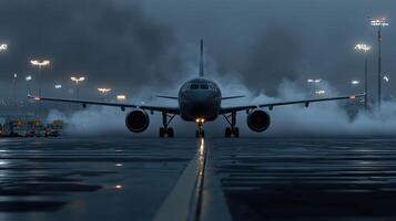 A jet is on the runway with smoke coming out of the back photo