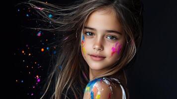 A young girl with paint splattered on her face photo