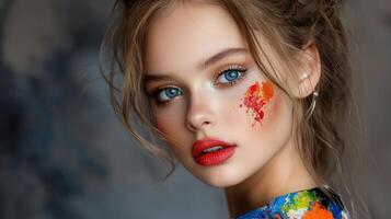 Beautiful girl with colorful makeup and blue eyes photo