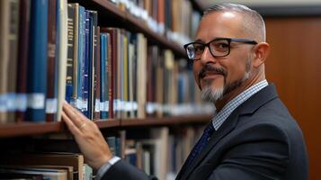 A man in a suit and glasses standing in front of a book shelf photo