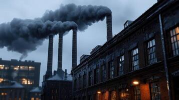 A city skyline with a large factory emitting smoke photo