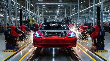 A red car is being built in a factory photo