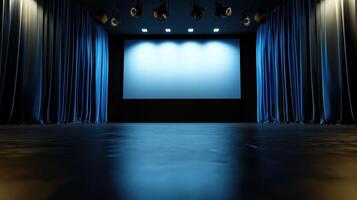 An empty theater with blue curtains and spotlight photo