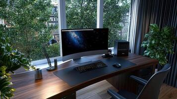 A computer desk with a monitor, keyboard and mouse photo