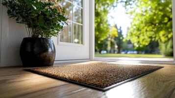A doormat on the floor of a home with a window photo