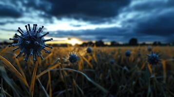 A field of corn with a blue flower in the middle photo