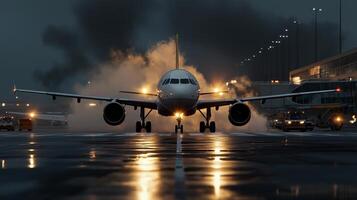 A jetliner is on the runway, with its landing gear down and its engines on photo
