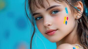 A young girl with colorful paint on her face photo