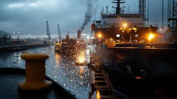 A large ship is docked at a pier with a small boat in the foreground photo
