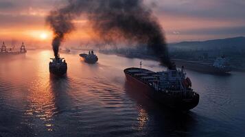 A group of ships are in the water with one of them emitting smoke photo