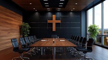 A large conference room with a wooden table and black chairs photo