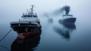 Two boats in the fog with smoke coming out of them photo