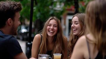 Three young people laughing at a table outside photo
