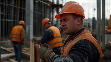 A man in an orange vest and a hard hat is working on a construction site photo