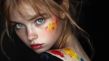 A young woman with a colorful face paint and a green eye photo