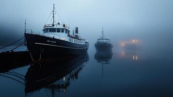 Two boats are docked in the fog photo