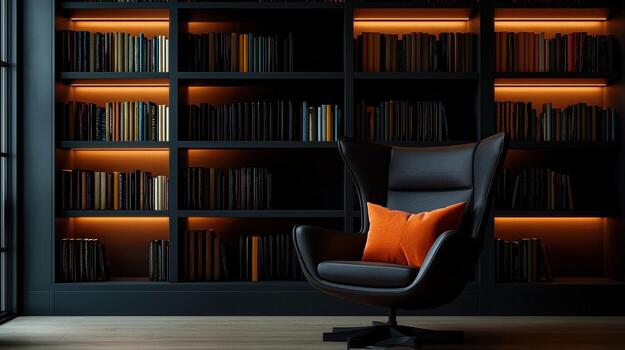 A black chair is sitting in front of a large bookcase photo