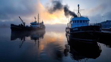Two boats are docked at the dock in the fog photo