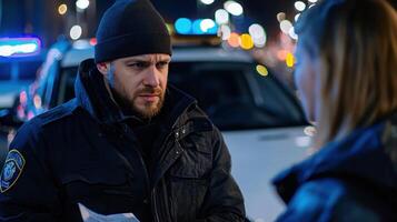 A man in a police uniform talking to a woman photo