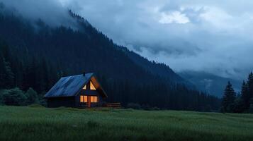 A cabin in the mountains at night photo