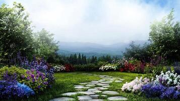 A beautiful garden with a stone path leading through it photo